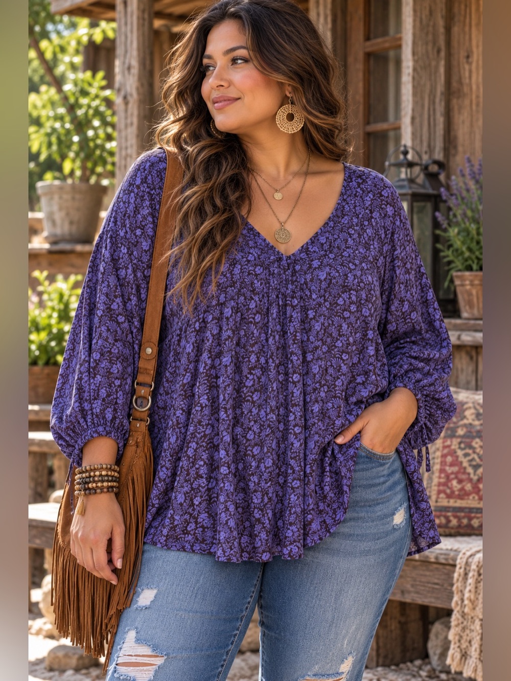 Knox Rose Boho V-Neck Purple Floral Peasant Top | Size Large